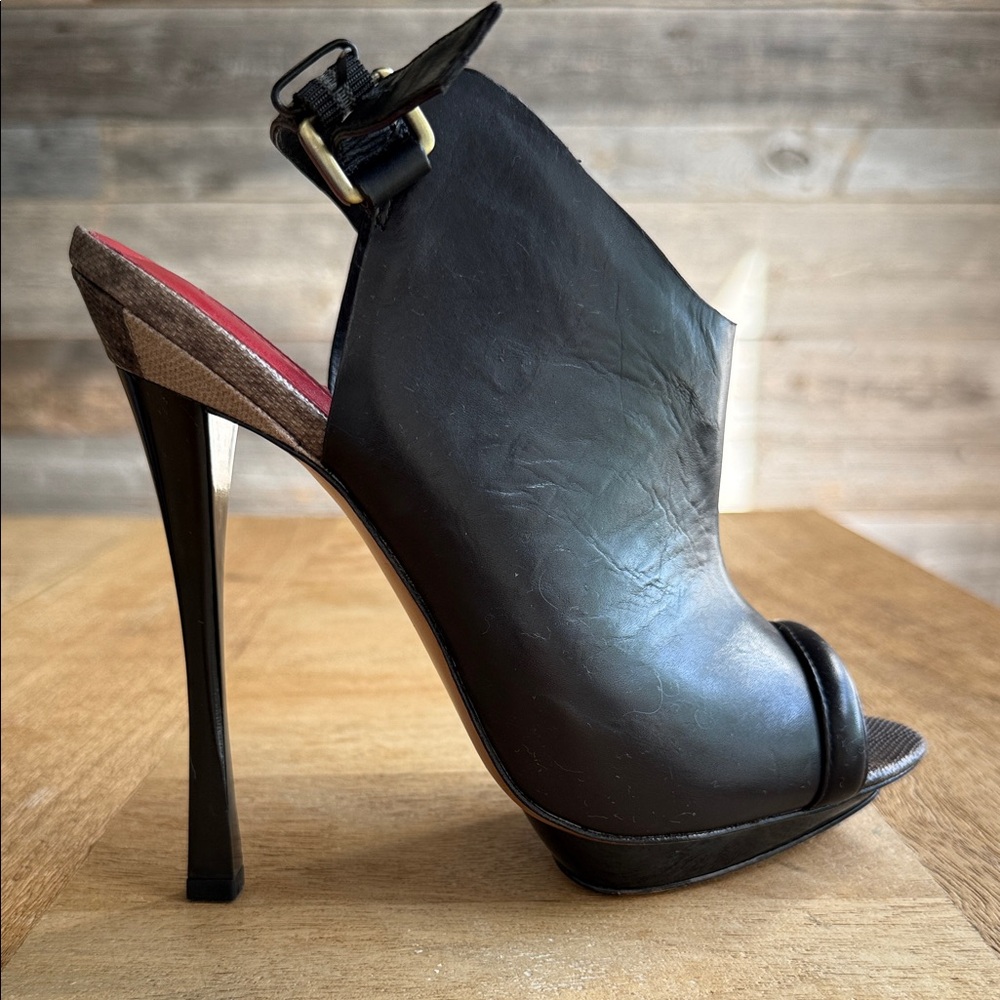 Charles Jourdan Black and Brown Open-Toe Heels